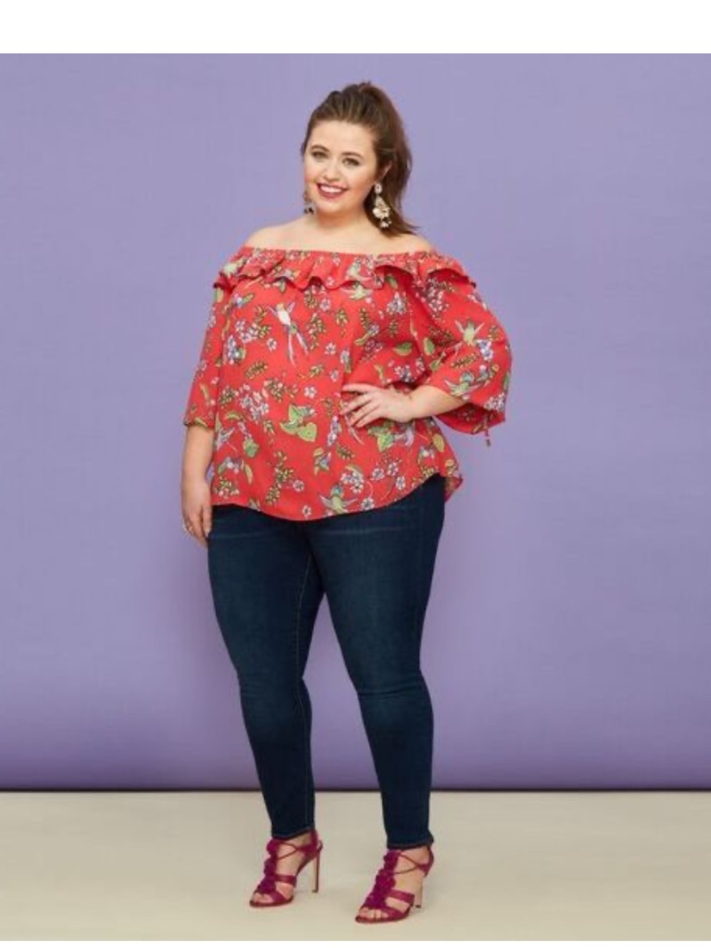 Nanette Lepore Sz 3X Crimson Crush Paradise Dreaming Off Shoulder Ruffle Blouse